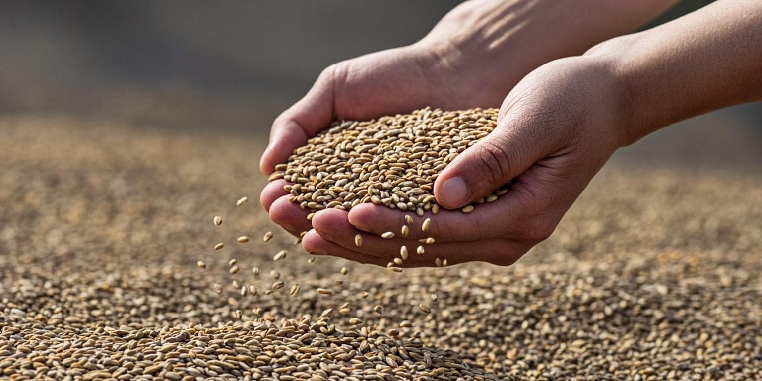 Golden rice grains spilling from hands